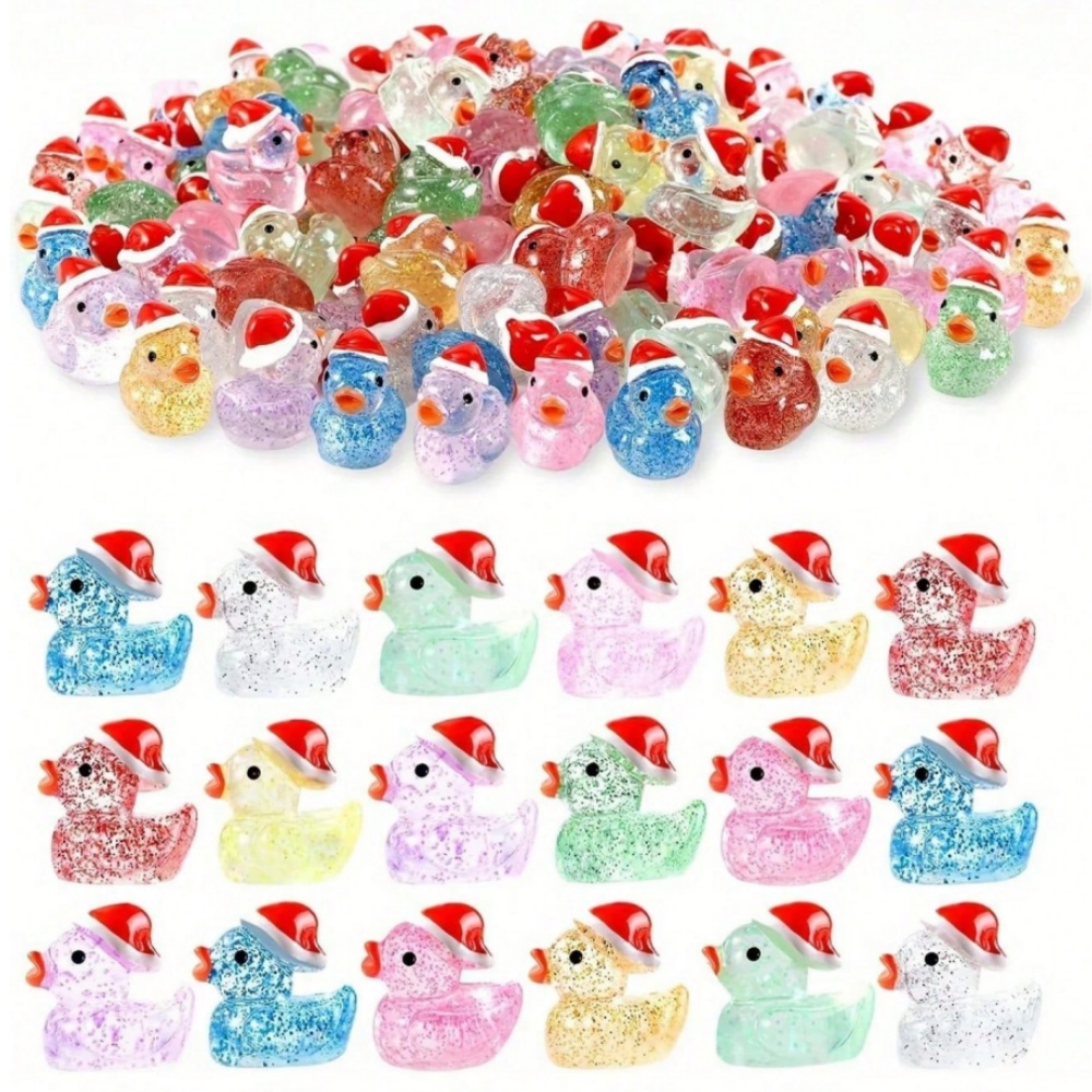 Resin Glitter Pack - ชุดของขวัญเป็ดคริสต์มาส 50 ชิ้น พร้อมหมวกซานต้า เป็ดยางขนาดเล็กที่มีประกายแวววาว เหมาะสำหรับเป็นของขวัญในงานปาร์ตี้คริสต์มาส